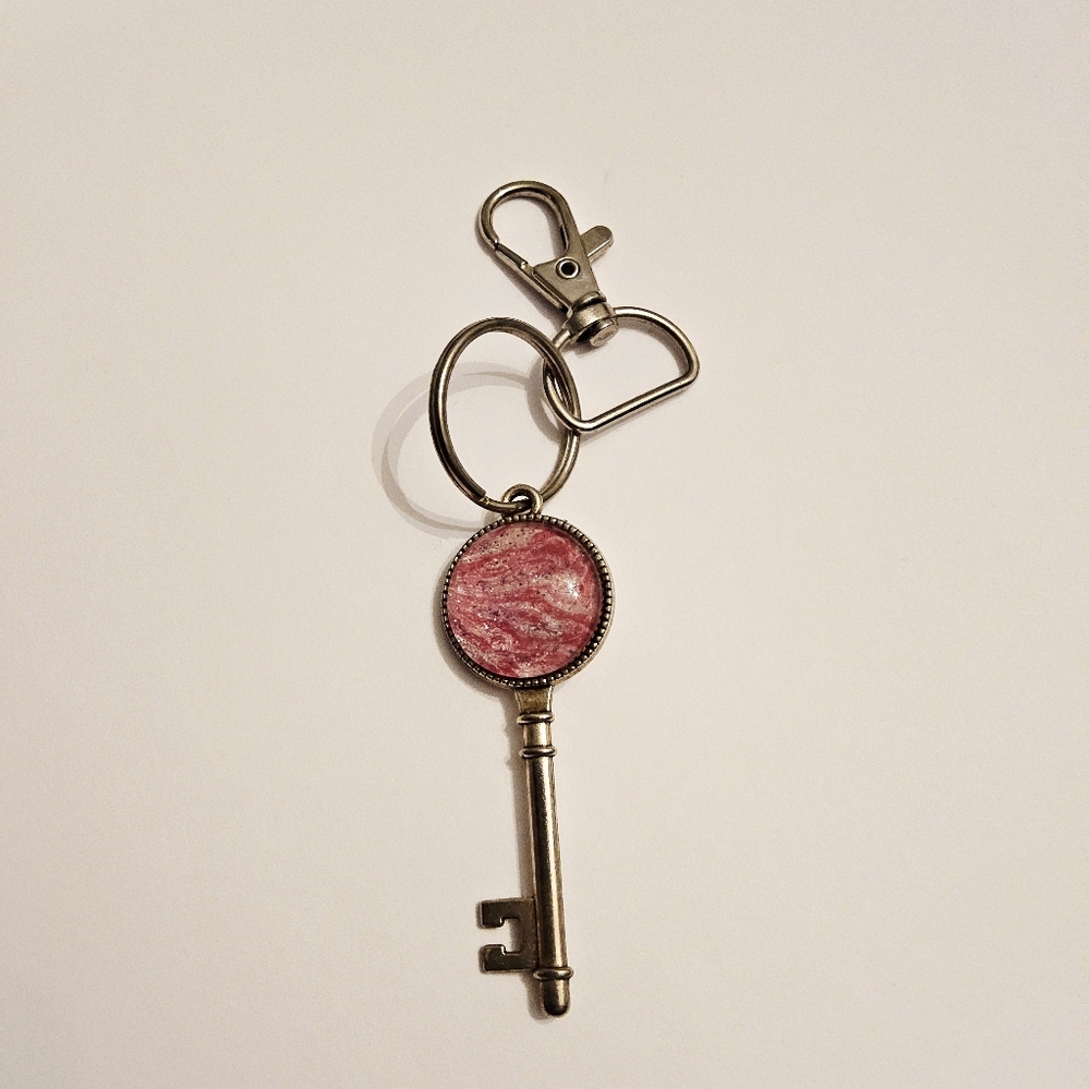 Silver Key Keychain with Pink Accent